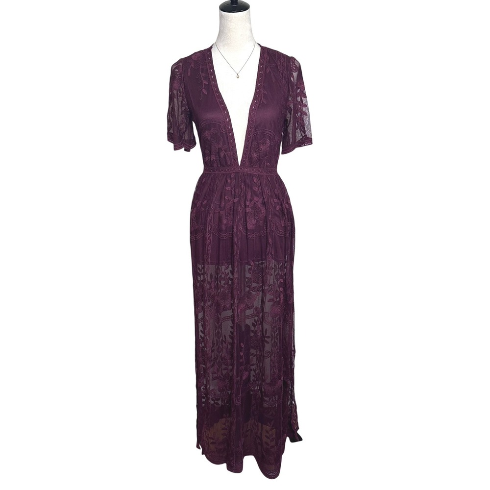 Haute Monde Plum Purple Floral Lace Deep V-Neck Boho Maxi Romper Dress Small